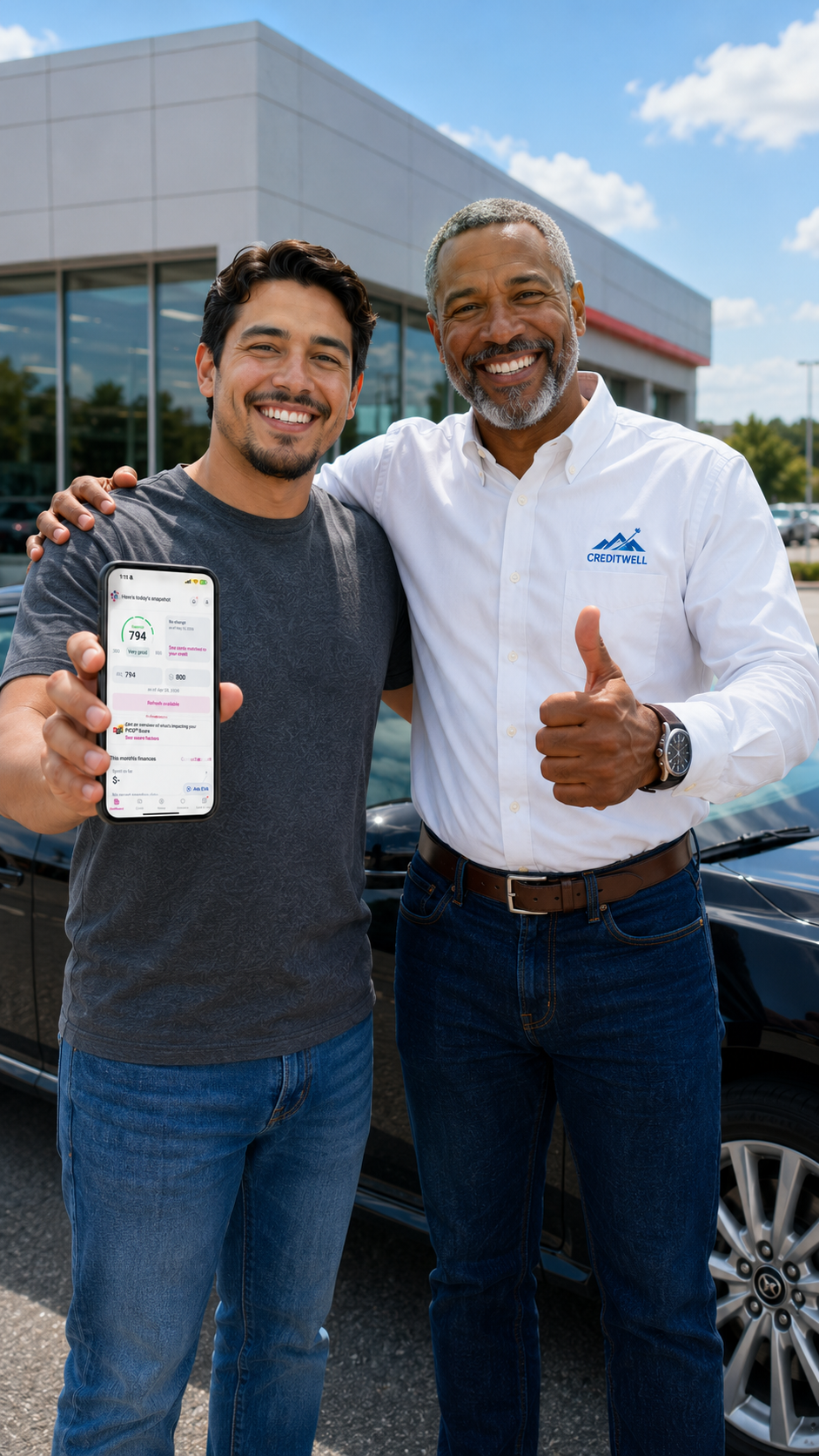 CreditWell client with their advisor in front of their new car