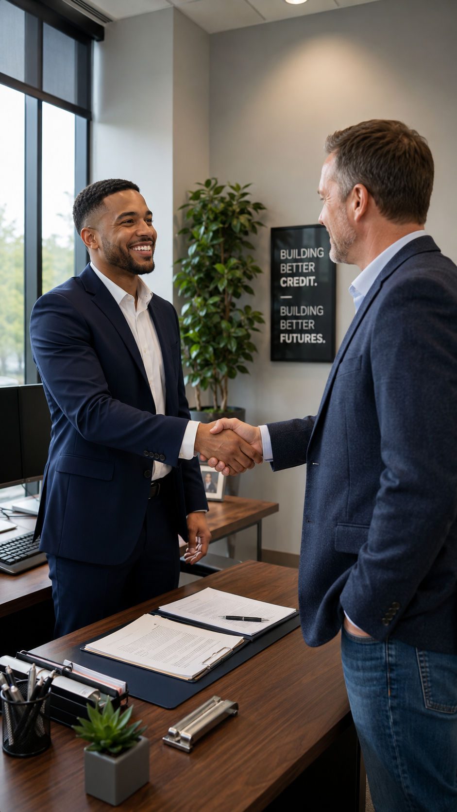 CreditWell client closing a business loan with a handshake